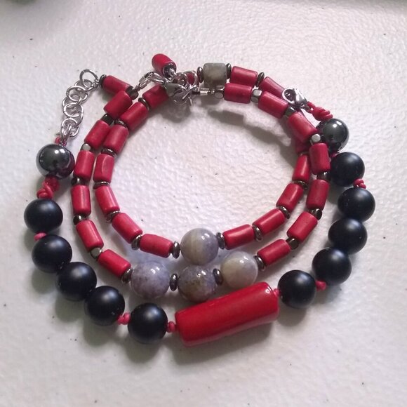 Red & Black Power Bracelet! Professional Wardrobe! Coral Hematite + Stone Beads - Picture 12 of 13